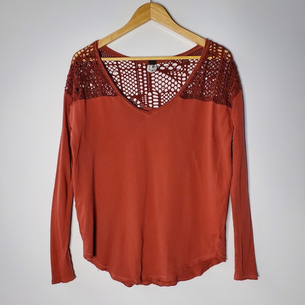 We the Free Dark burnt red oversized long sleeve top with Open Knit shoulders